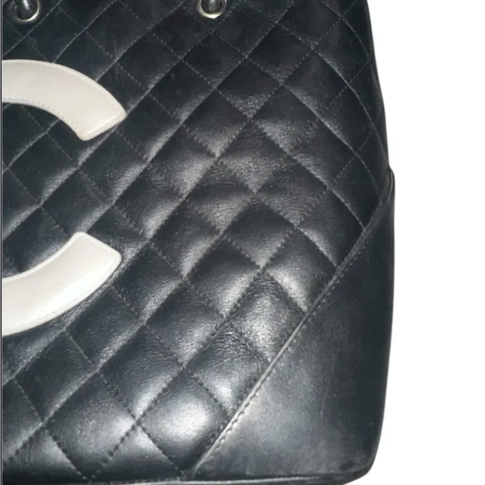 CHANEL Cambon Black and Cream Quilted Tote with pink interior